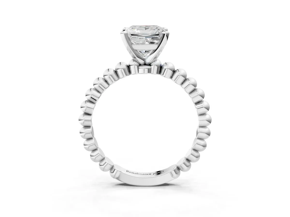 Princess Cut Diamond Solitaire Ring with Beaded Band and Prong Setting Silver