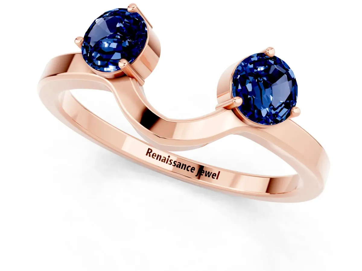 Dual Round Blue Sapphire Open Band Ring with Prong Setting Rose gold