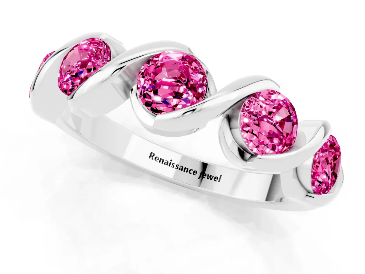 Round Pink Sapphire Wave Band with Channel Setting and Shared Prongs Platinum