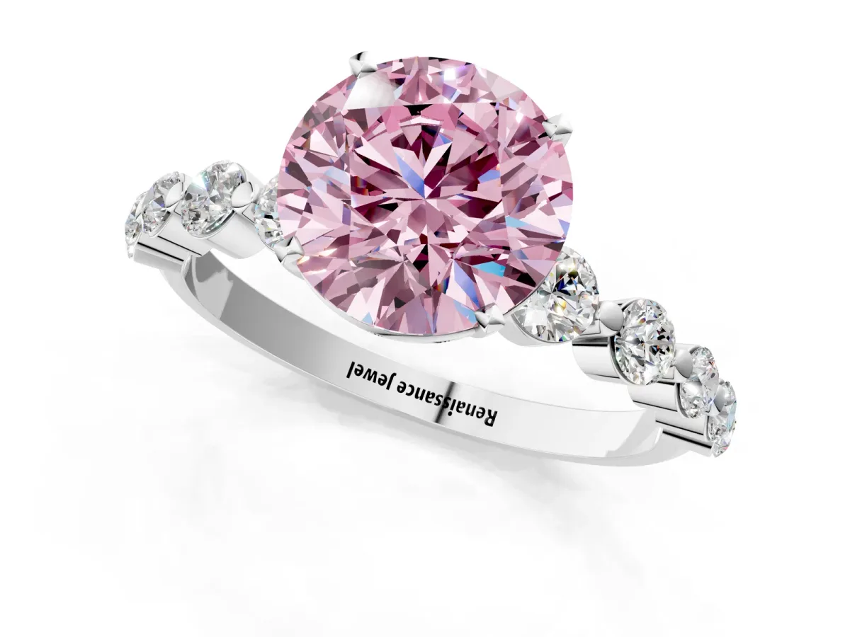 Fancy Pink Round Cut Solitaire Diamond Ring with Pave Band and Four-Prong Setting Silver