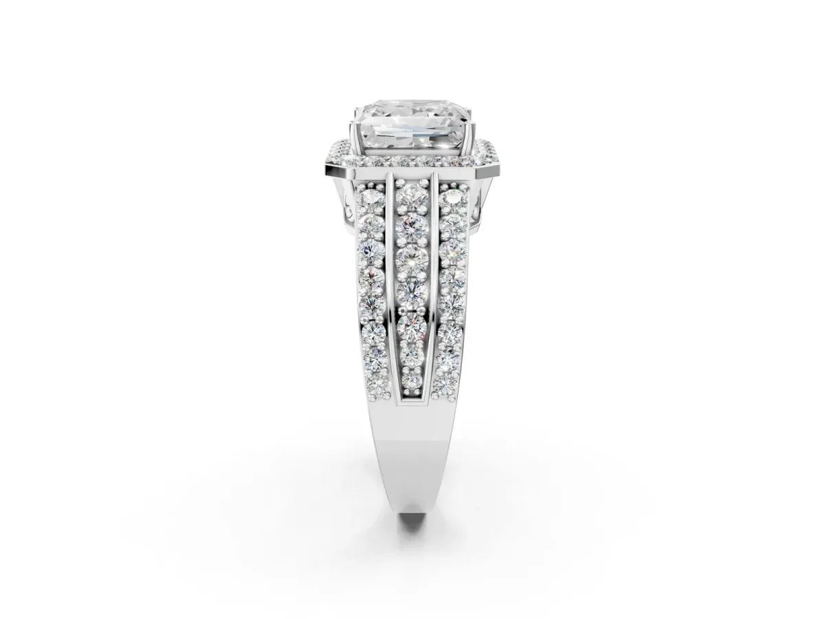 Princess Cut Halo Diamond Ring with Round Split Shank and Prong Setting Silver