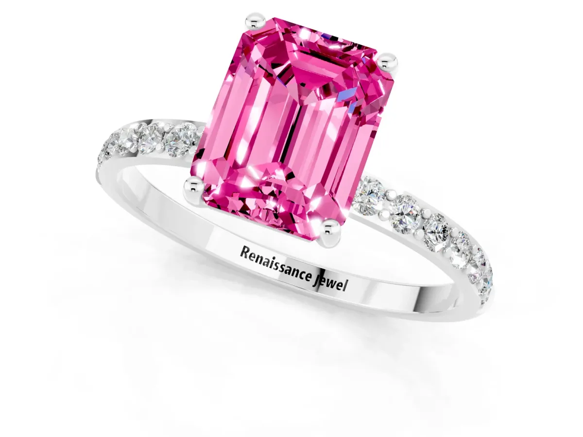 Emerald Cut Pink Sapphire Solitaire Ring with Round Pavé Shoulders and Prong Setting Silver