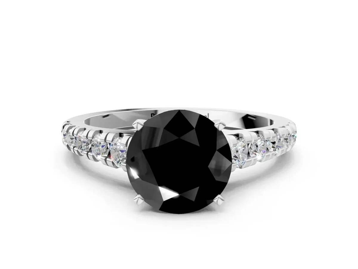 Fancy Black Round Cut Diamond Cathedral Solitaire Ring with Round Pavé Band Silver