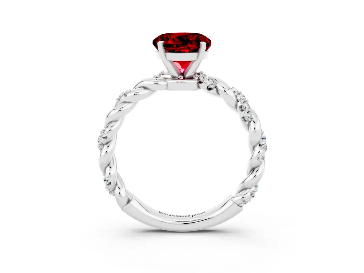 Round Cut Ruby Solitaire Ring with Twisted Band and Pavé Accents Silver