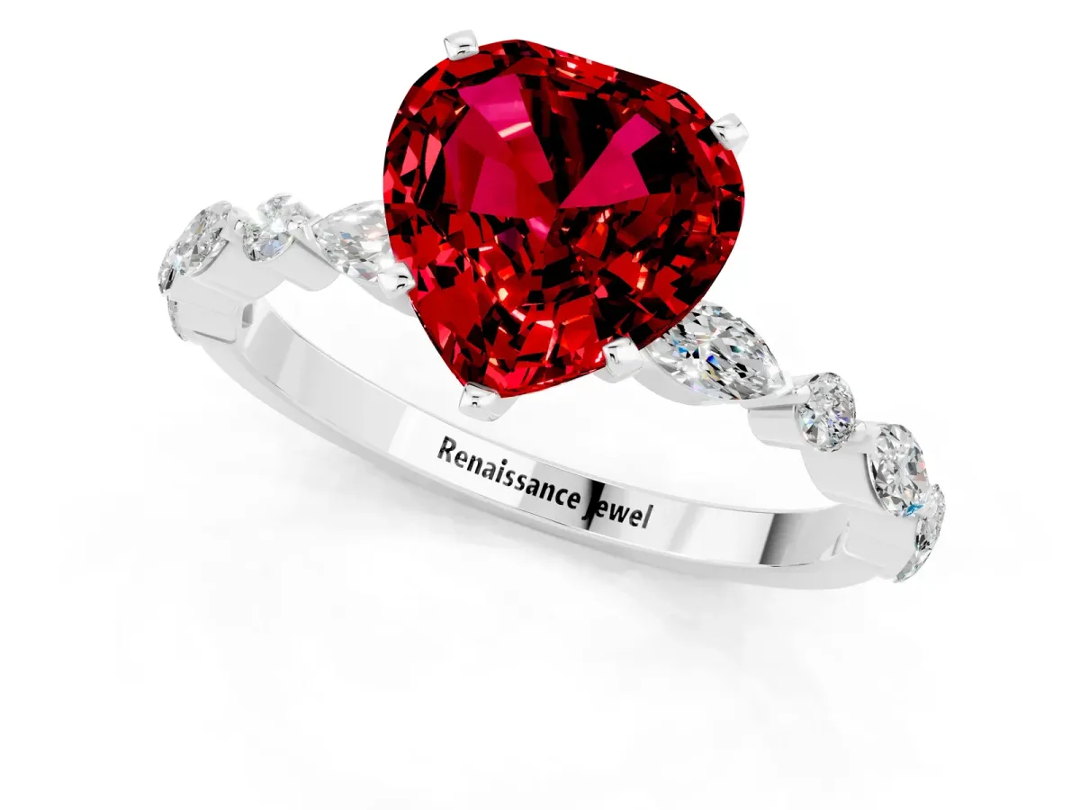Heart Cut Ruby Ring with Marquise and Round Side Stones and Four-Prong Setting Platinum