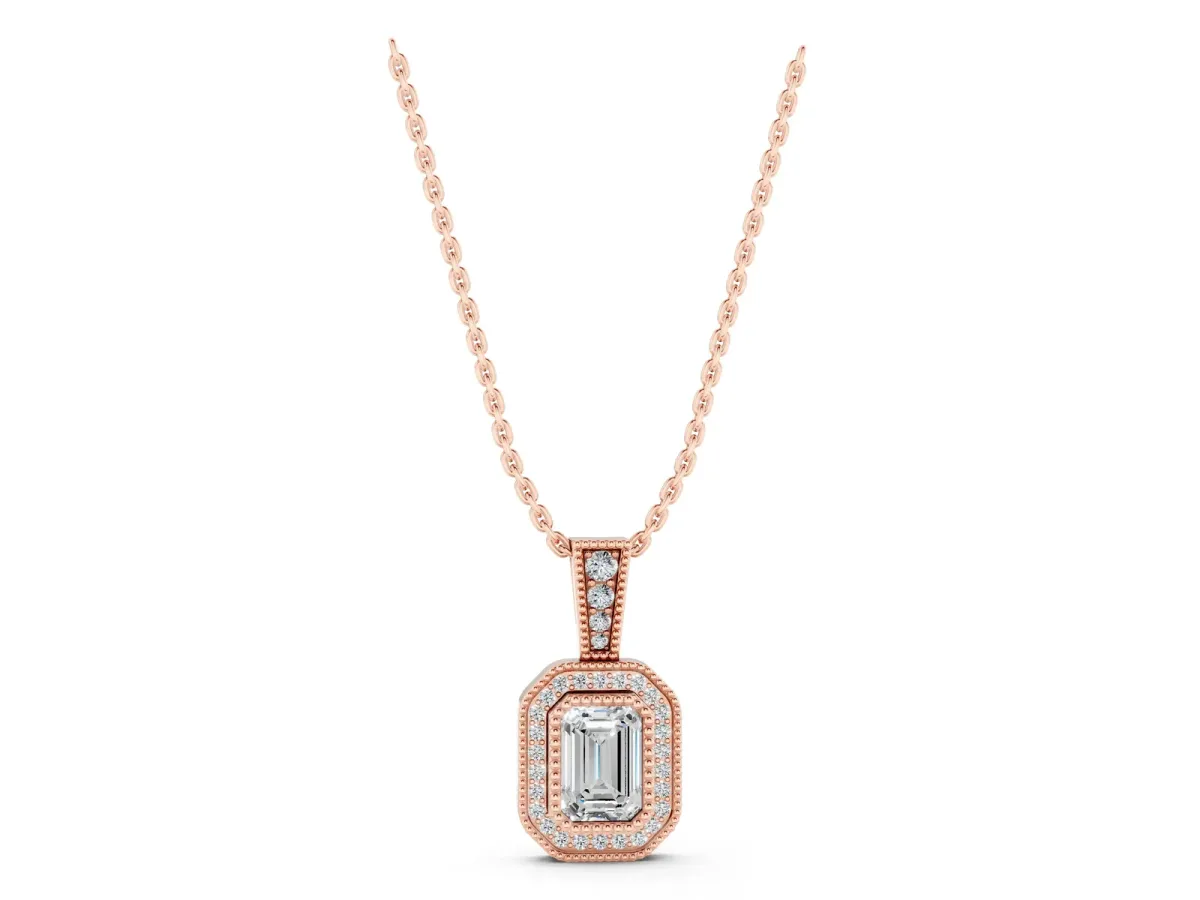 Emerald Cut Halo Diamond Pendant with Pavé Setting Rose gold