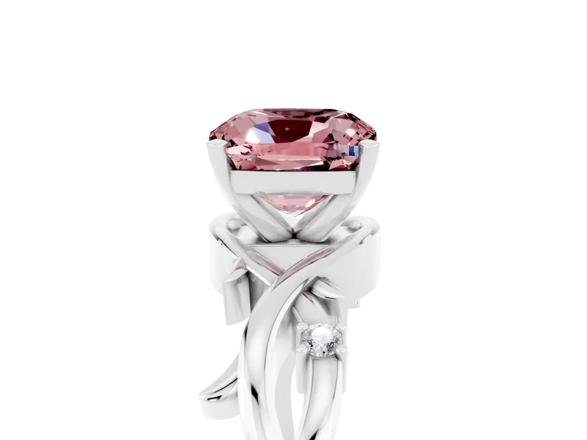Cushion Cut Morganite Solitaire Ring with Twisted Band and Prong Setting Silver
