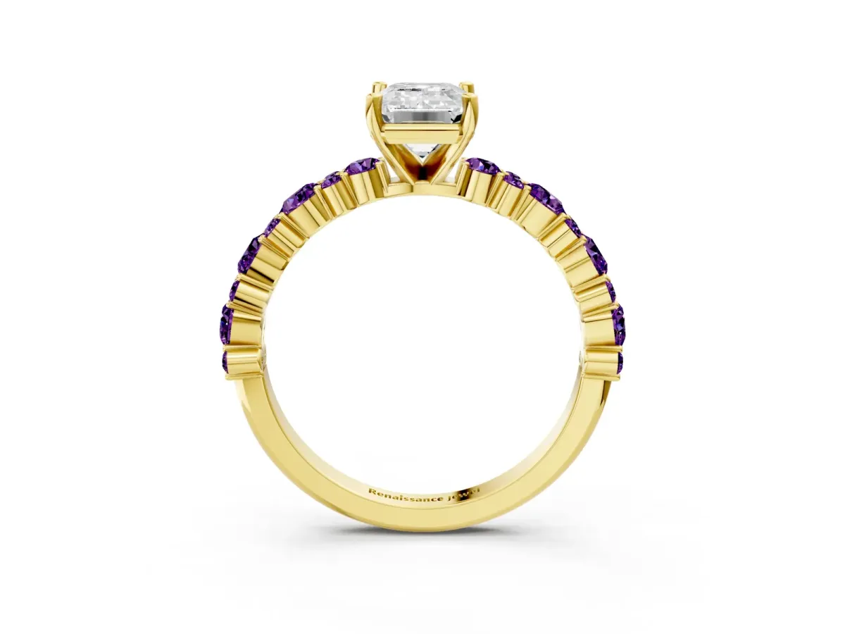 Emerald Cut Diamond Side Stone Solitaire Ring with Round Amethyst and Four-Prong Setting Yellow gold