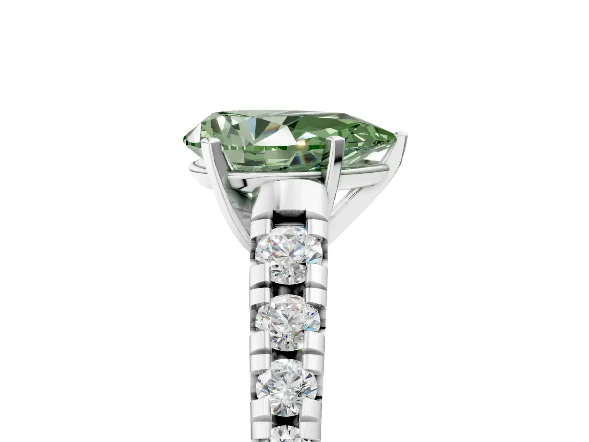 Fancy Green Pear Cut Diamond Cathedral Solitaire Ring with Round Pavé Band Silver