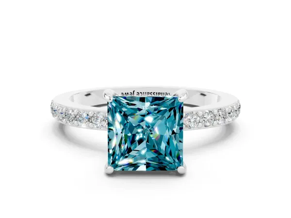 Princess Cut Blue Topaz Solitaire Engagement Ring with Pavé Band and Four-Prong Setting Platinum