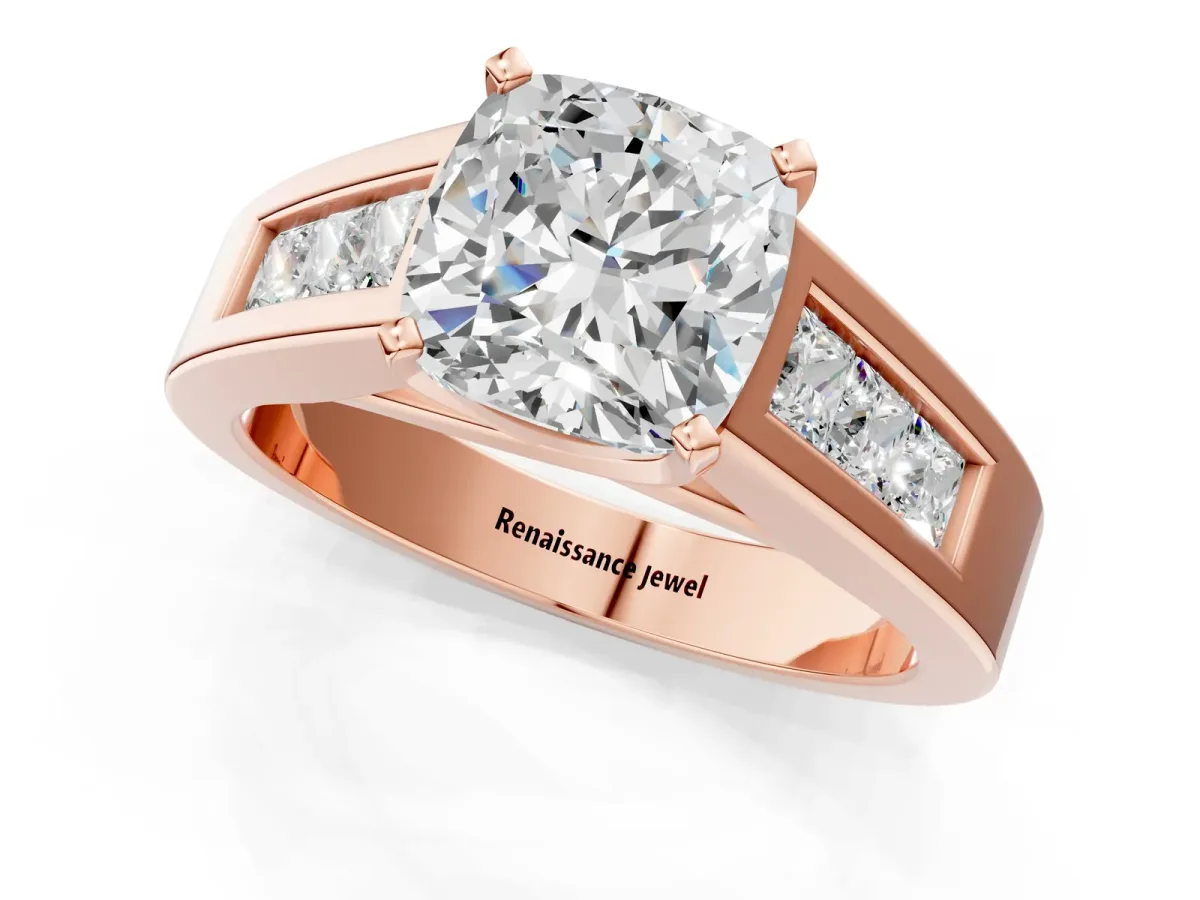 Cushion Cut Cut Channel Set Solitaire Ring with Four-Prong Setting Rose gold