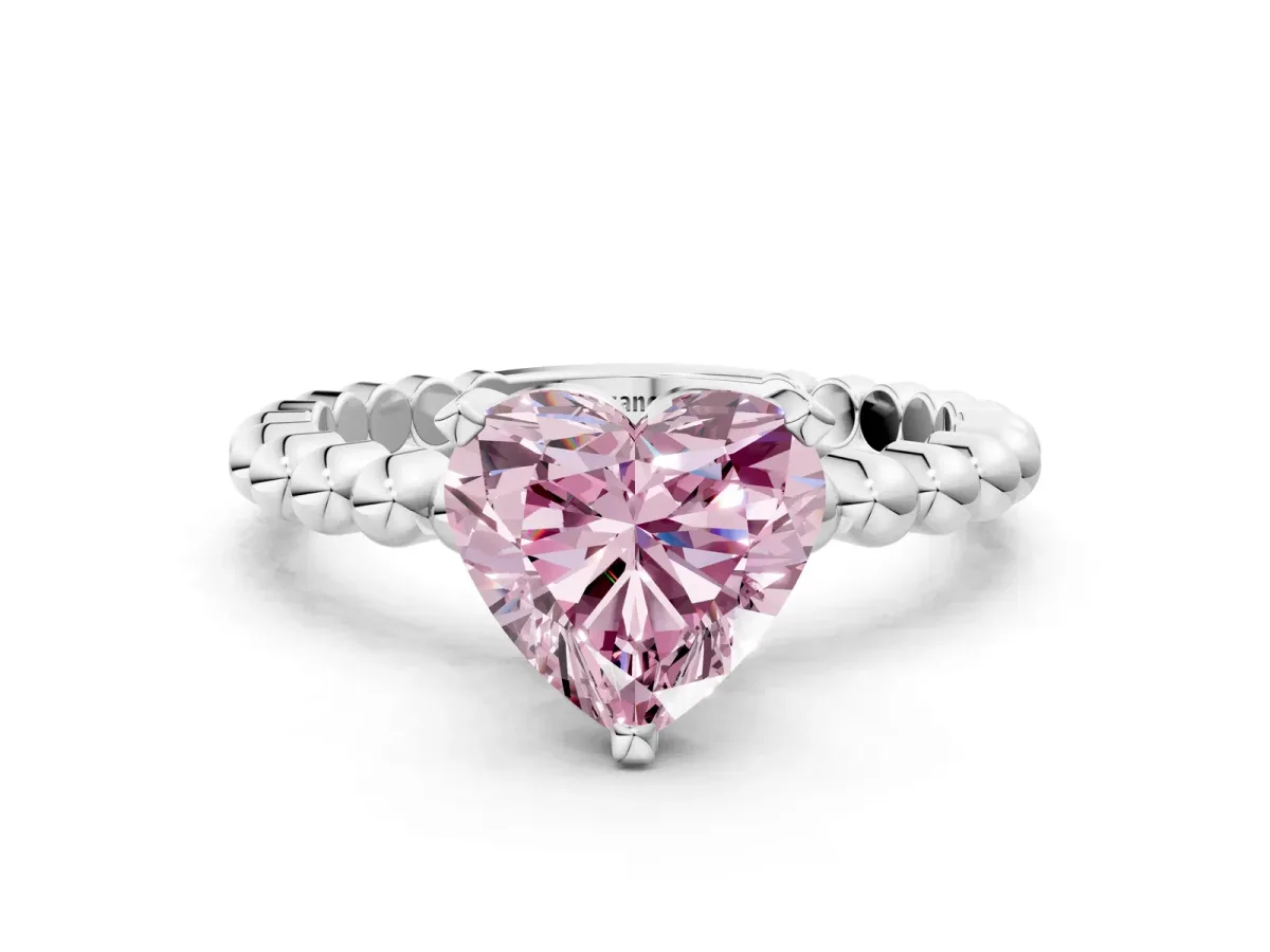 Fancy Pink Heart Cut Diamond Solitaire Ring with Beaded Band and Prong Setting Silver
