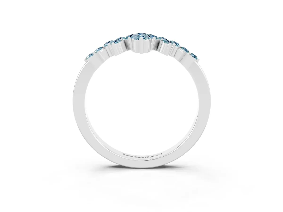 Marquise and Round Aquamarine Chevron Band with Prong Setting Silver