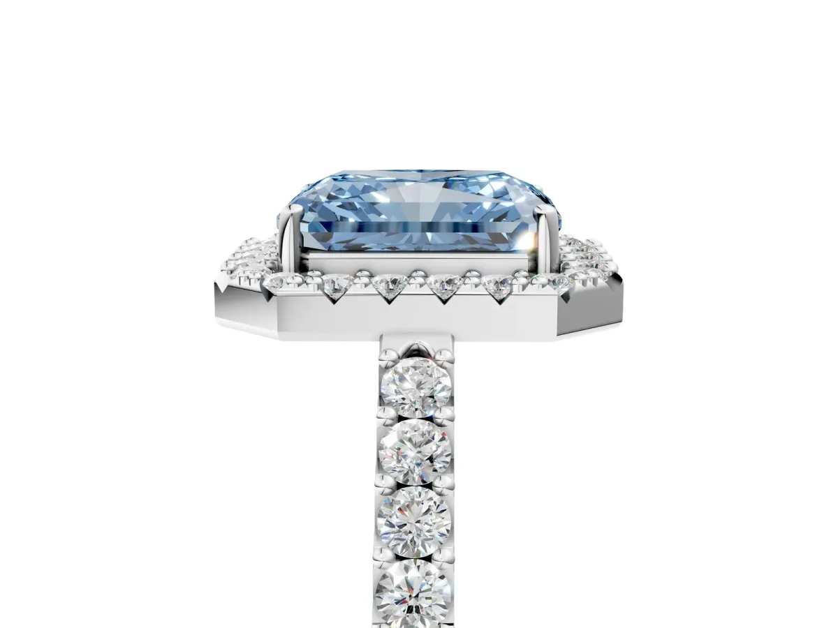 Fancy Blue Radiant Cut Halo Diamond Pavé Solitaire Ring Silver