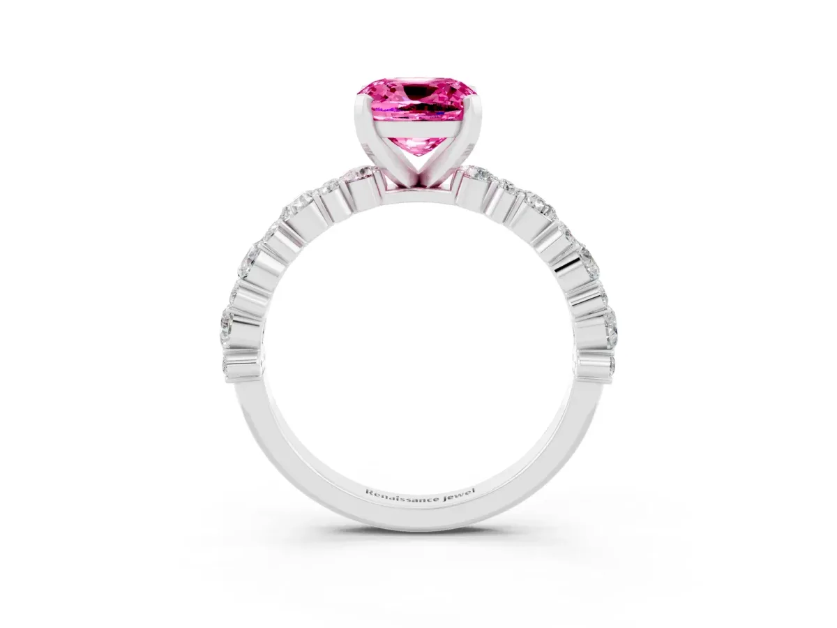 Cushion Cut Pink Sapphire Side Stone Solitaire Ring with Round and Four-Prong Setting Silver