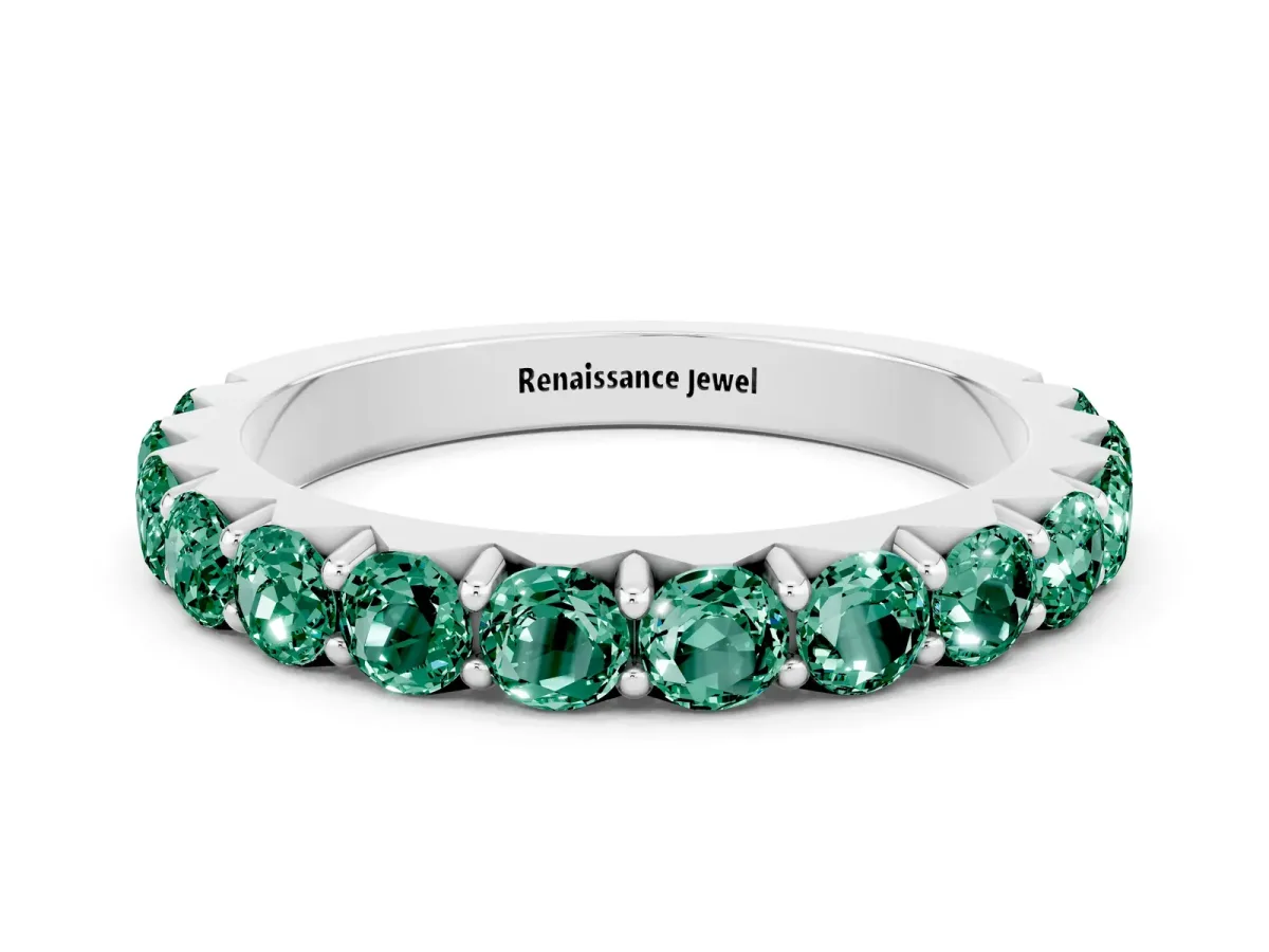 Round Green Sapphire Half Eternity Band with Classic Prong Setting Silver