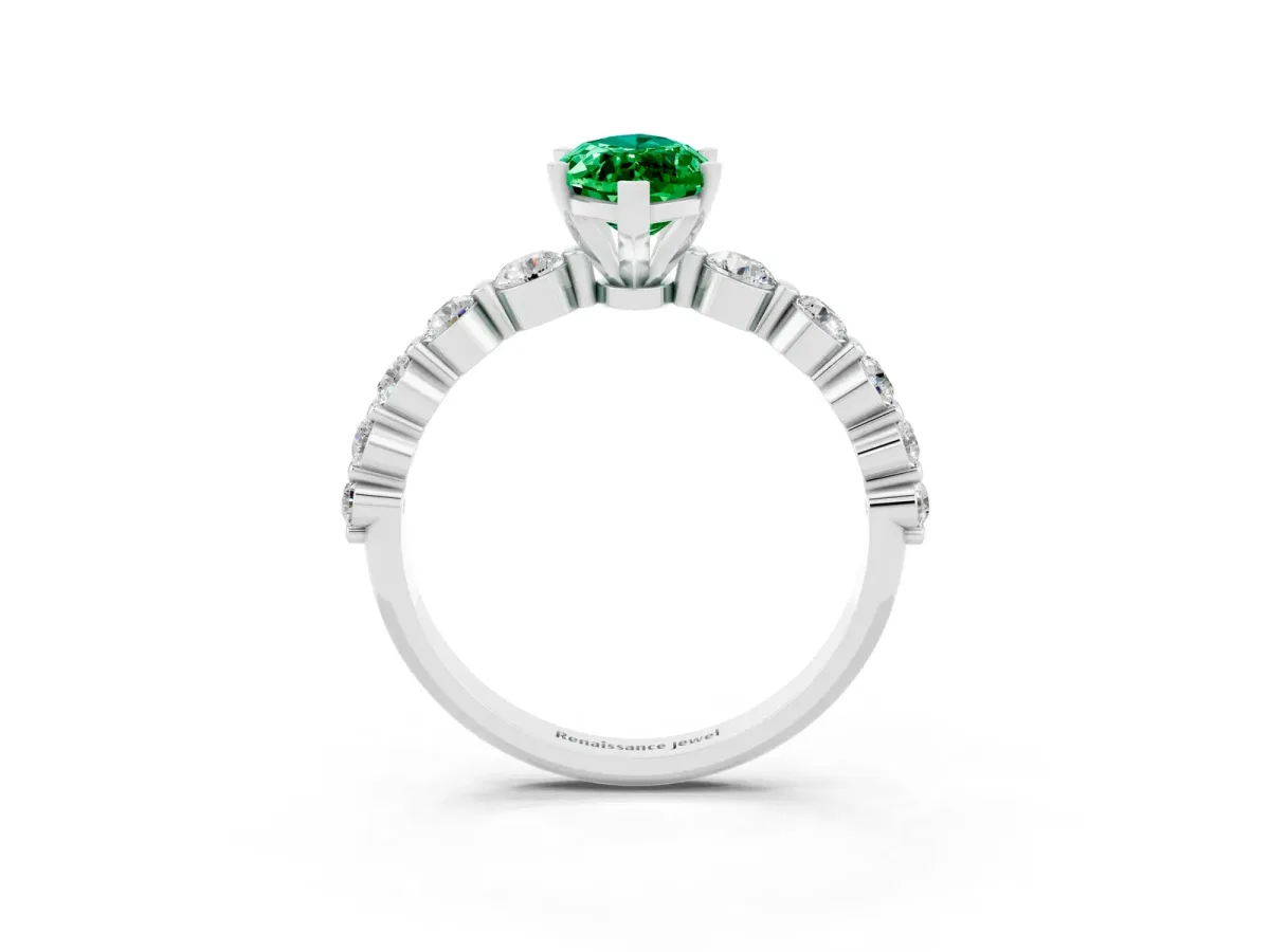 Marquise Cut Solitaire Emerald Ring with Pave Band and Four-Prong Setting Silver