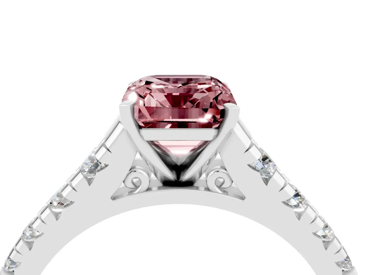 Emerald Cut Morganite Cathedral Solitaire Ring with Round Pavé Band Platinum