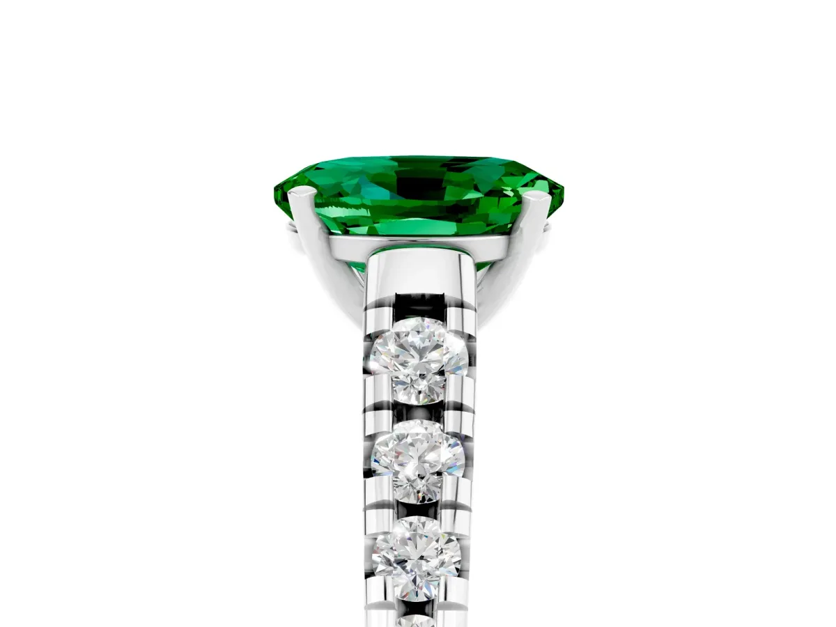 Oval Cut Emerald Cathedral Solitaire Ring with Round Pavé Band Platinum