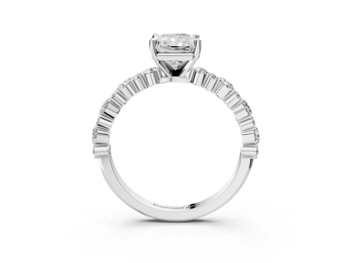 Radiant Cut Diamond Side Stone Solitaire Ring with Round and Four-Prong Setting Platinum