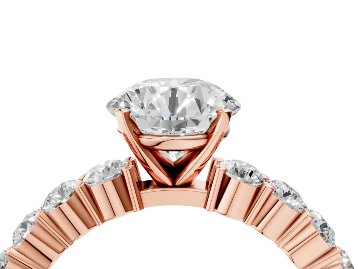 Round Cut Diamond Solitaire Ring with Shared Prong Round Side Stones Rose gold