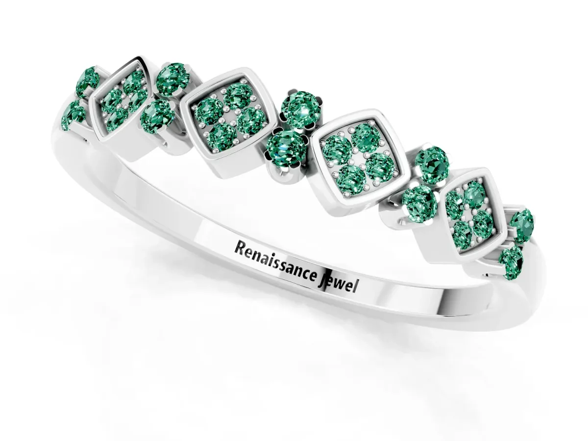 Pavé Cushion Green Sapphire Cluster Eternity Band with Prong Setting Silver