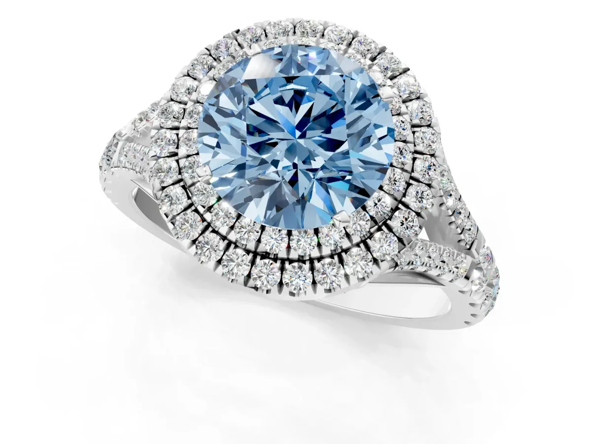 Fancy Blue Double Halo Round Cut Diamond Split Shank Engagement Ring with Four-Prong Setting White gold