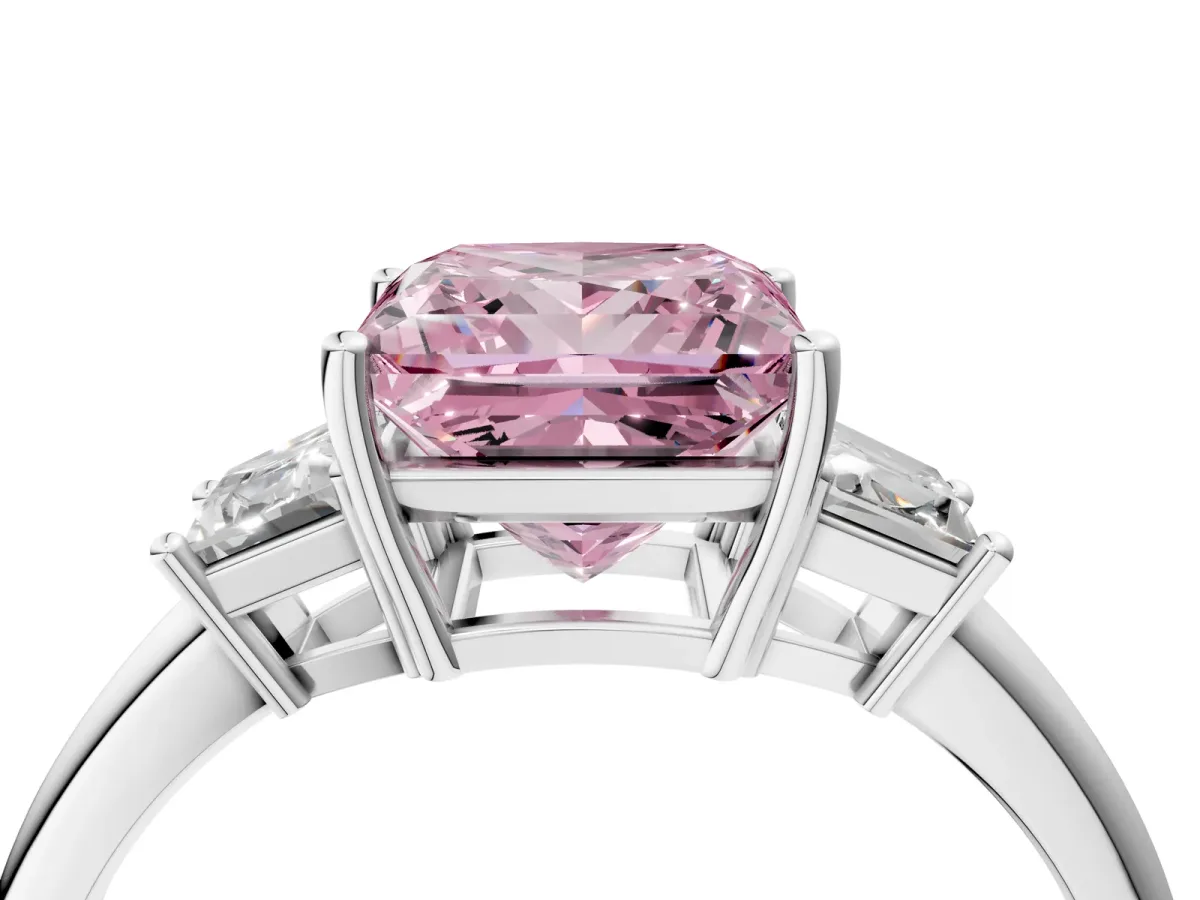 Fancy Pink Princess Cut Diamond Three-Stone Ring with Trapezoid Side Stones and Prong Setting Silver