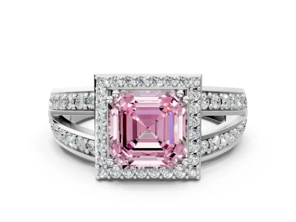 Fancy Pink Asscher Cut Diamond Halo Ring with Split Shank Pavé Band and Four-Prong Setting Platinum