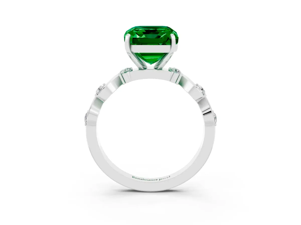 Emerald Cut Emerald Solitaire Twisted Band with Round Accents and Prong Setting Silver