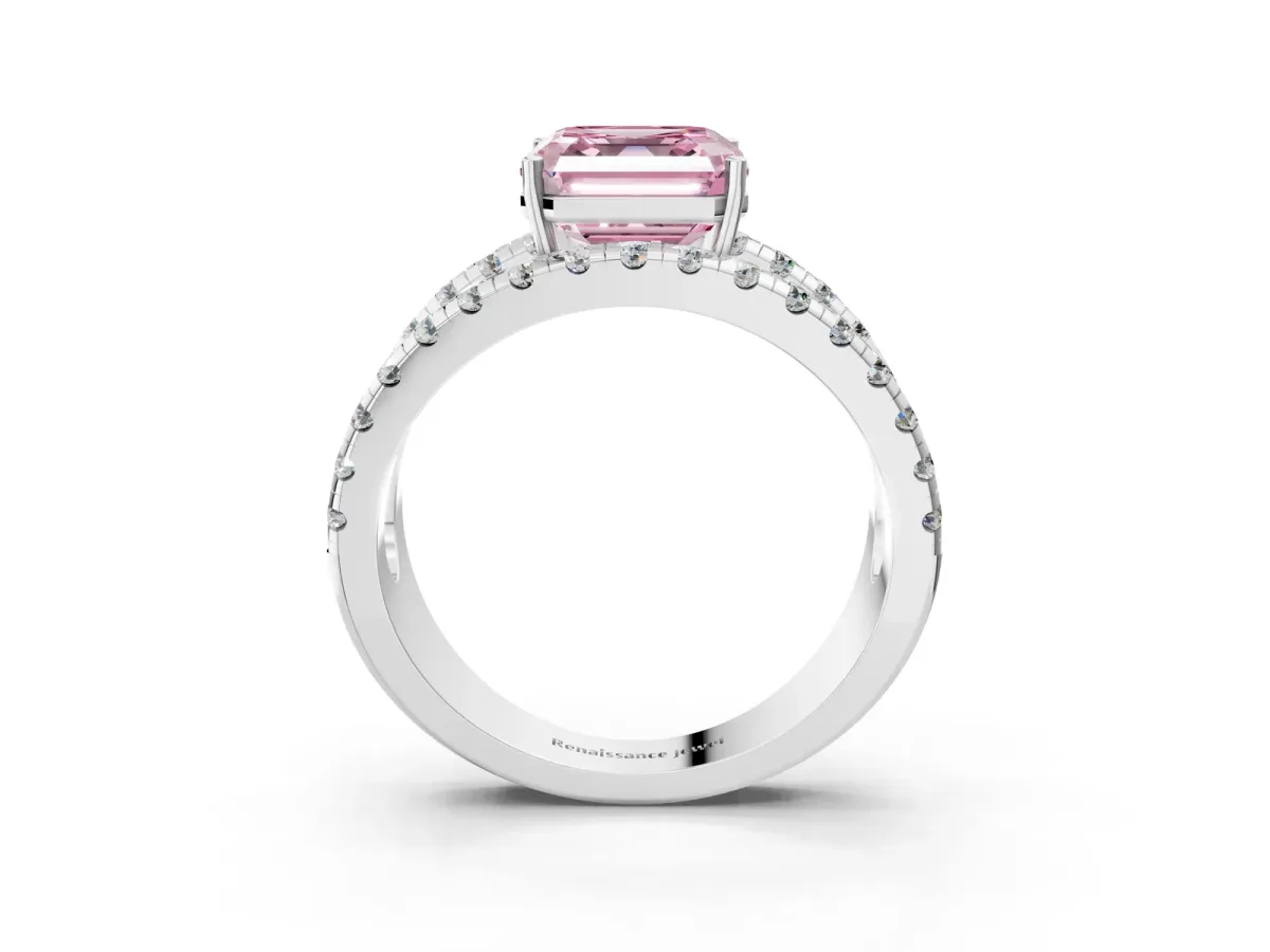 Fancy Pink Asscher Cut Solitaire Split Shank Pave Diamond Ring Platinum