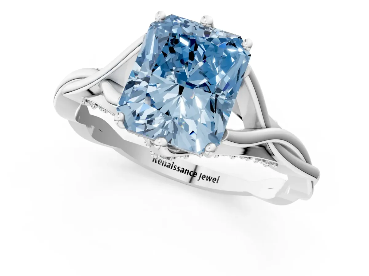 Fancy Blue Radiant Cut Solitaire Twist Band Six-Prong Setting Platinum