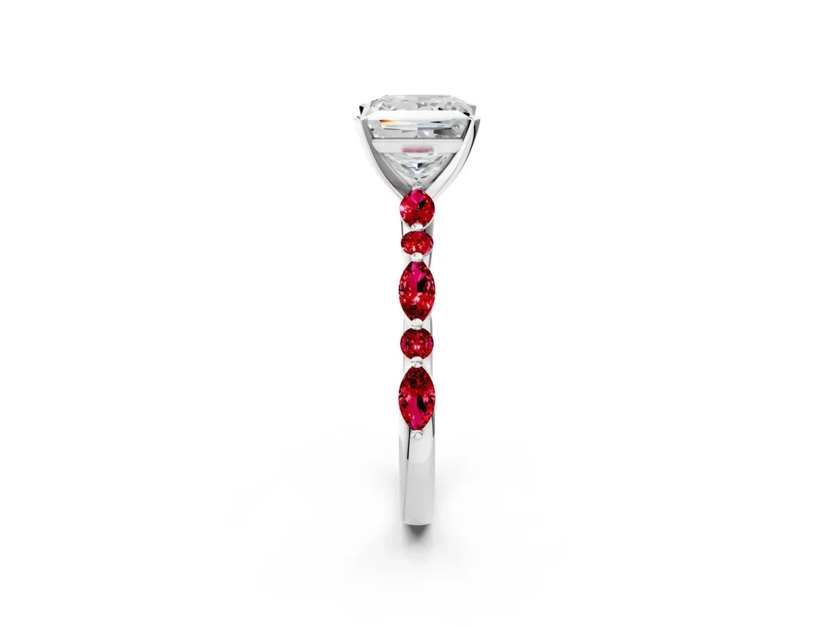 Princess Cut Diamond Ring with Marquise and Round Ruby Side Stones and Four-Prong Setting White gold