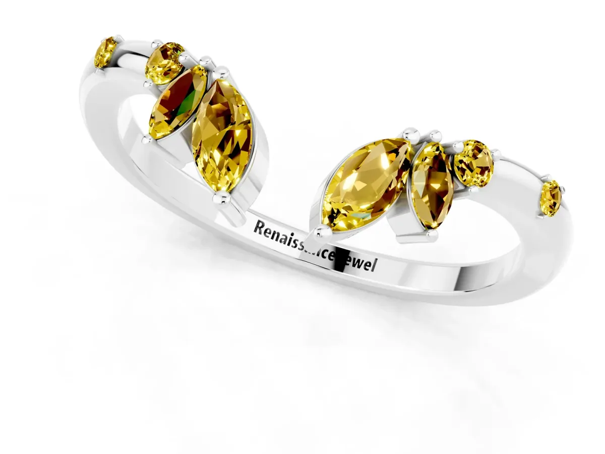 Open Marquise Cluster Yellow Sapphire Band with Prong Setting Platinum