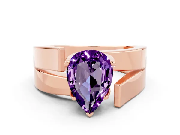 Modern Tension Set Pear Cut Amethyst Solitaire Wide Band Ring Rose gold