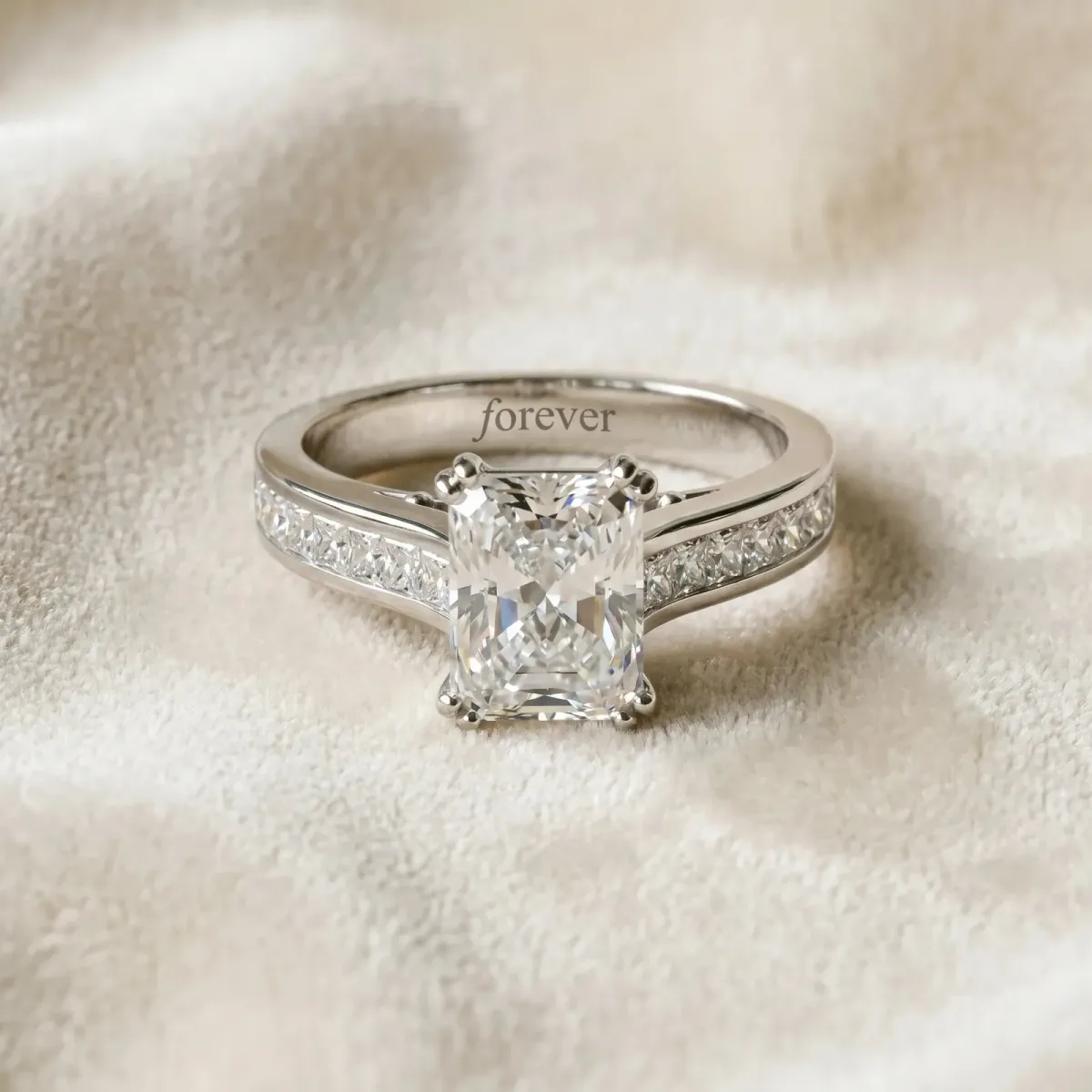 Radiant Cut Cut Channel Set Solitaire Engagement Ring with Prong Setting Platinum