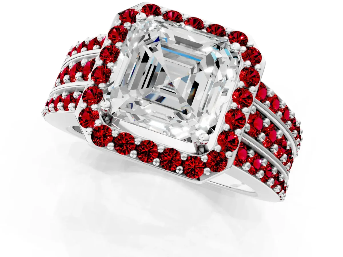 Asscher Cut Halo Diamond Ring with Round Ruby Split Shank and Prong Setting Platinum