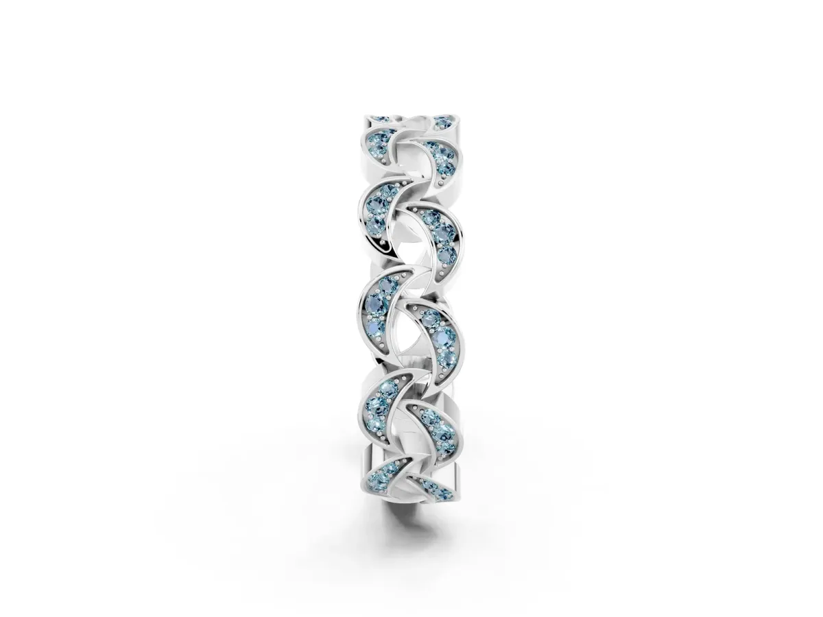 Pavé Round Aquamarine Interlocking Eternity Band with Bezel Prong Setting Silver