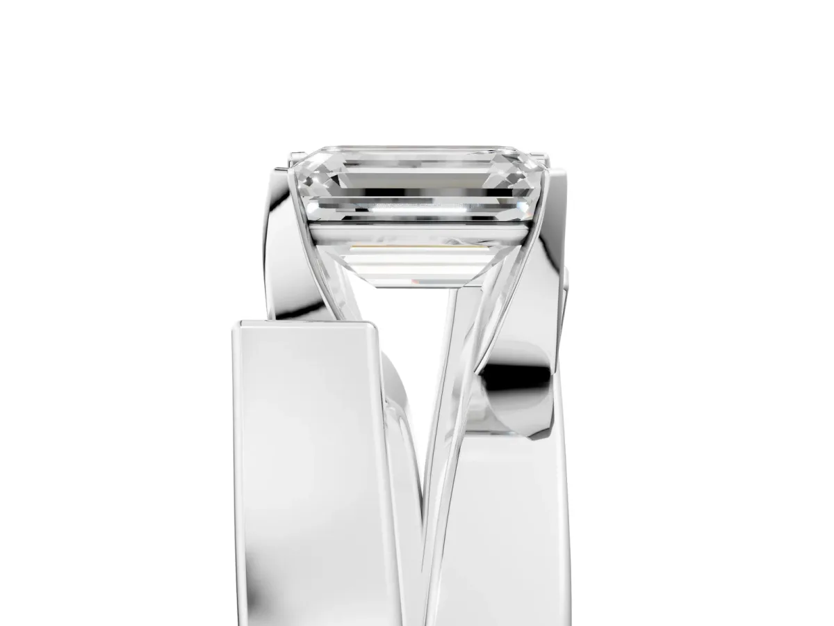 Modern Tension Set Emerald Cut Diamond Solitaire Wide Band Ring Platinum