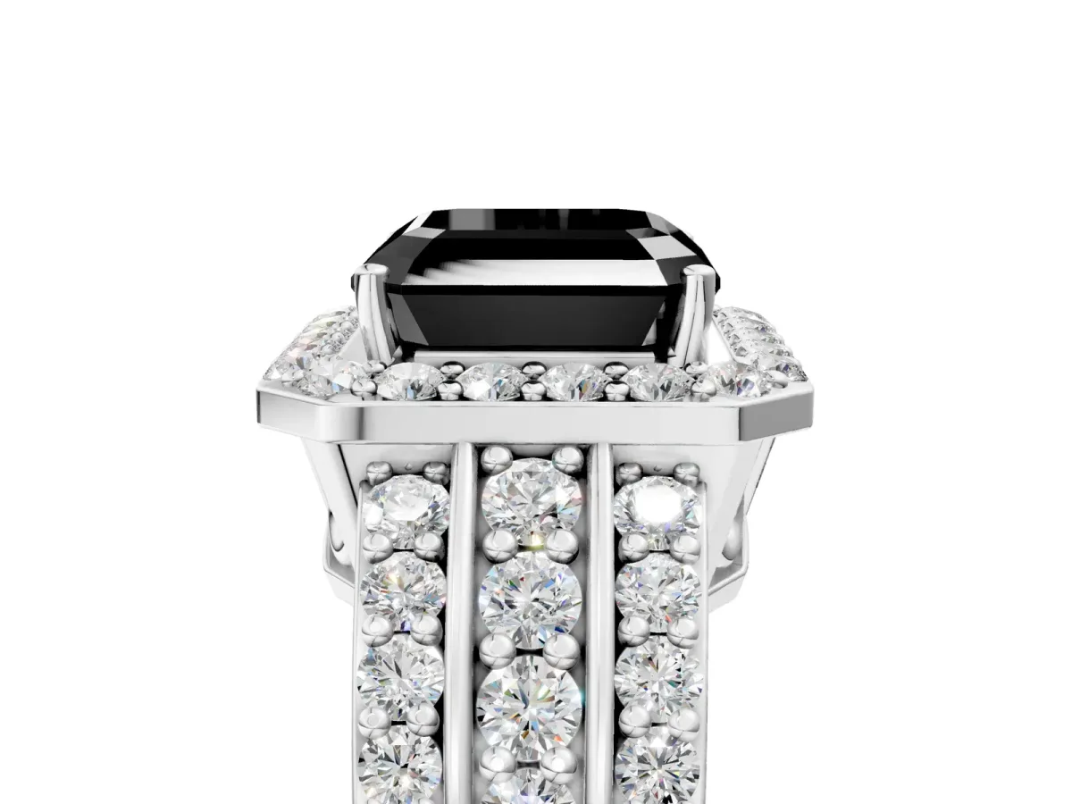 Fancy Black Asscher Cut Halo Diamond Ring with Round Split Shank and Prong Setting White gold