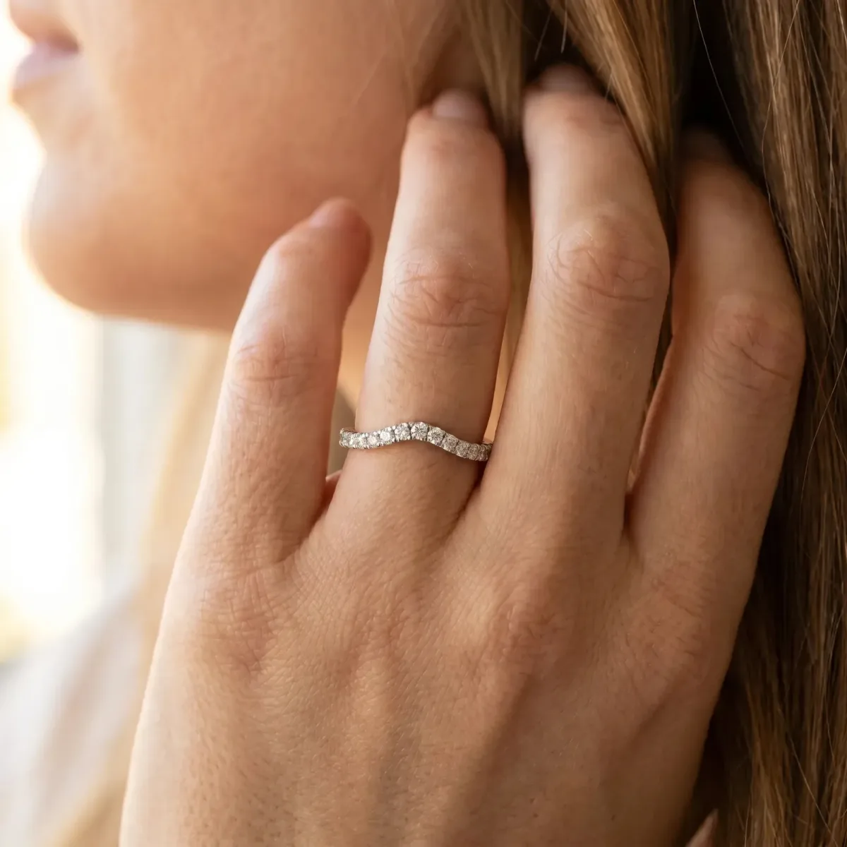 Curved Pavé Round Diamond Wedding Band with Shared Prong Setting Silver