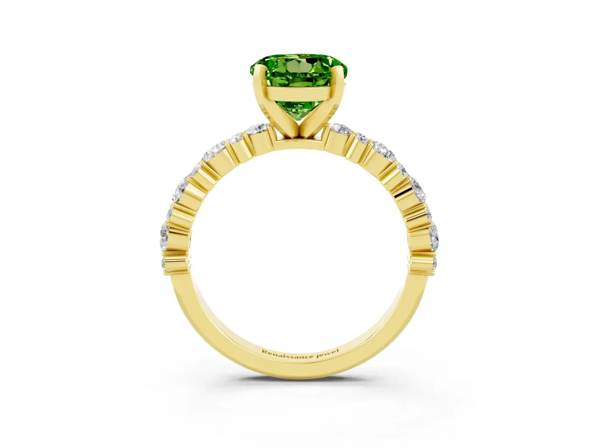 Round Cut Peridot Side Stone Solitaire Ring with Round and Four-Prong Setting Yellow gold