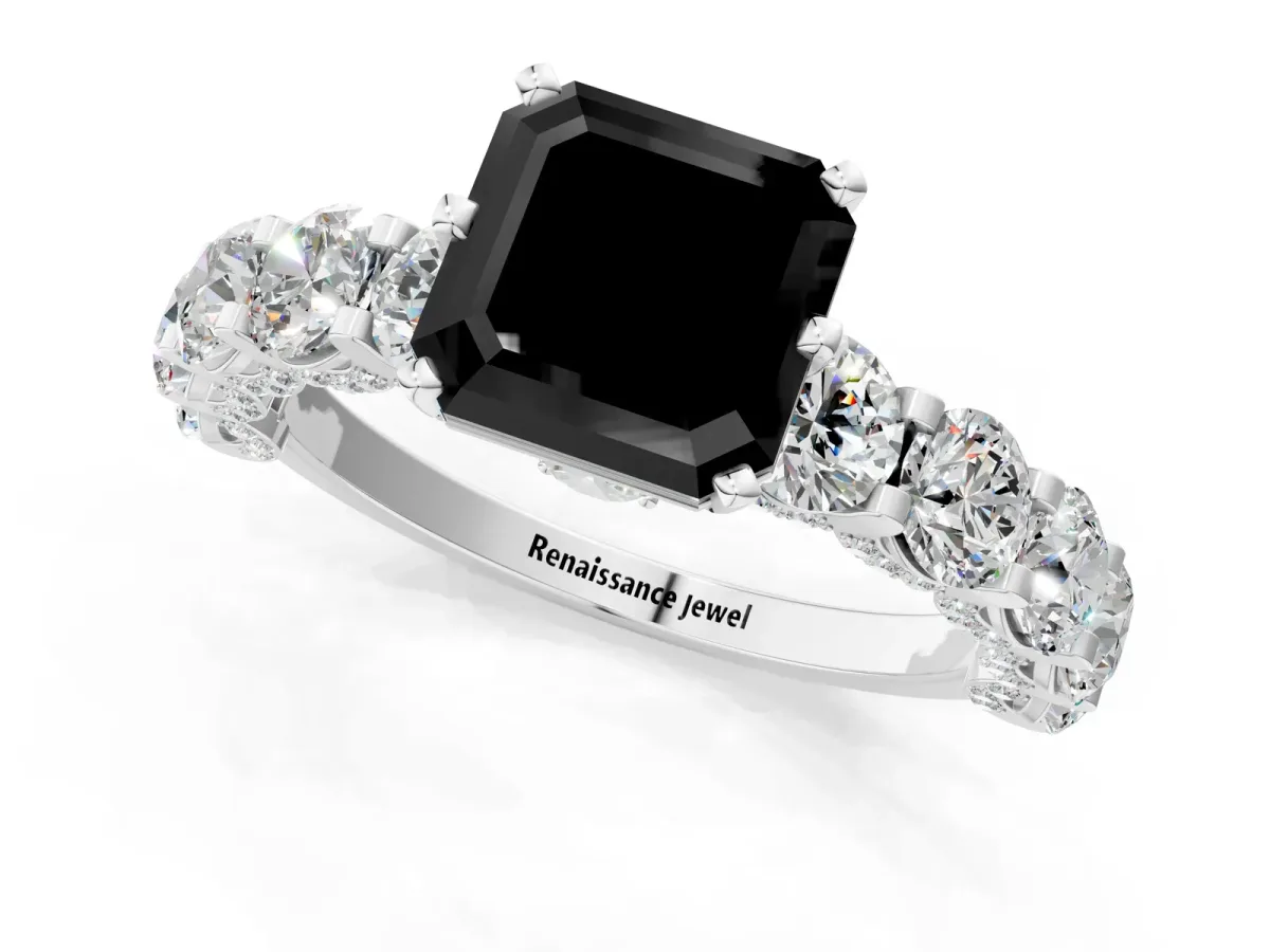 Fancy Black Asscher Cut Diamond Side Stone Engagement Ring with Four-Prong Setting Silver