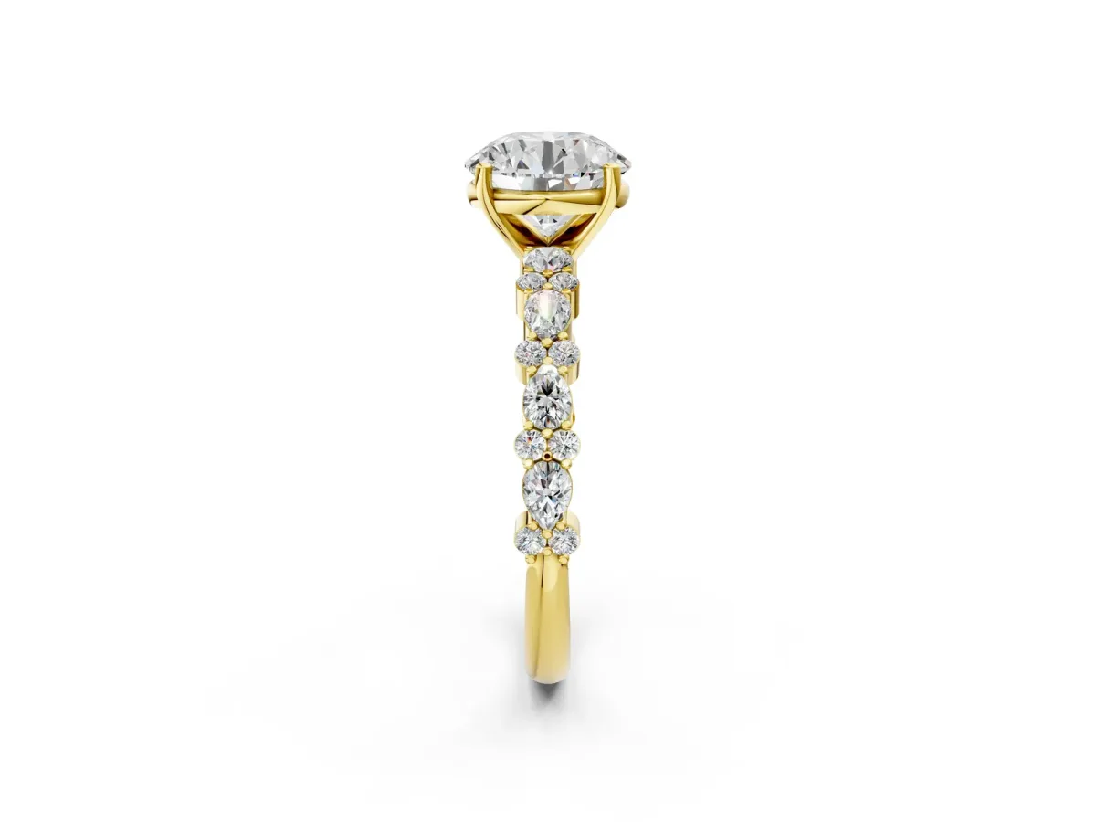Round Cut Diamond Side Stone Solitaire Ring with Round and Four-Prong Setting Yellow gold