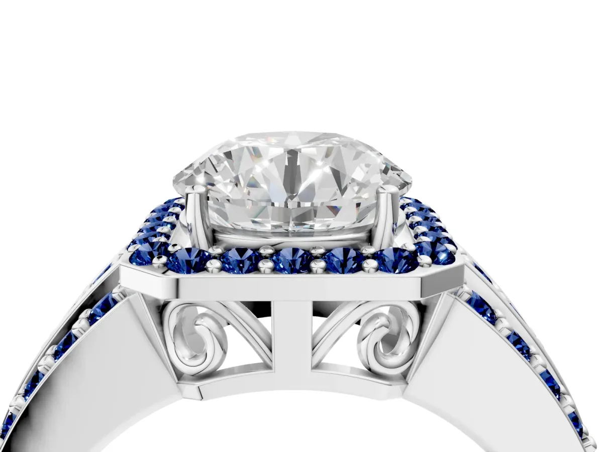 Round Cut Halo Diamond Ring with Round Blue Sapphire Split Shank and Prong Setting Silver