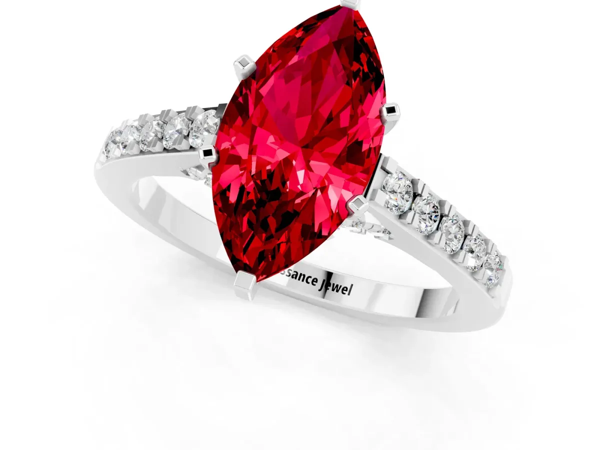 Marquise Cut Ruby Solitaire Ring with Crossover Gallery and Round Pavé Band Platinum