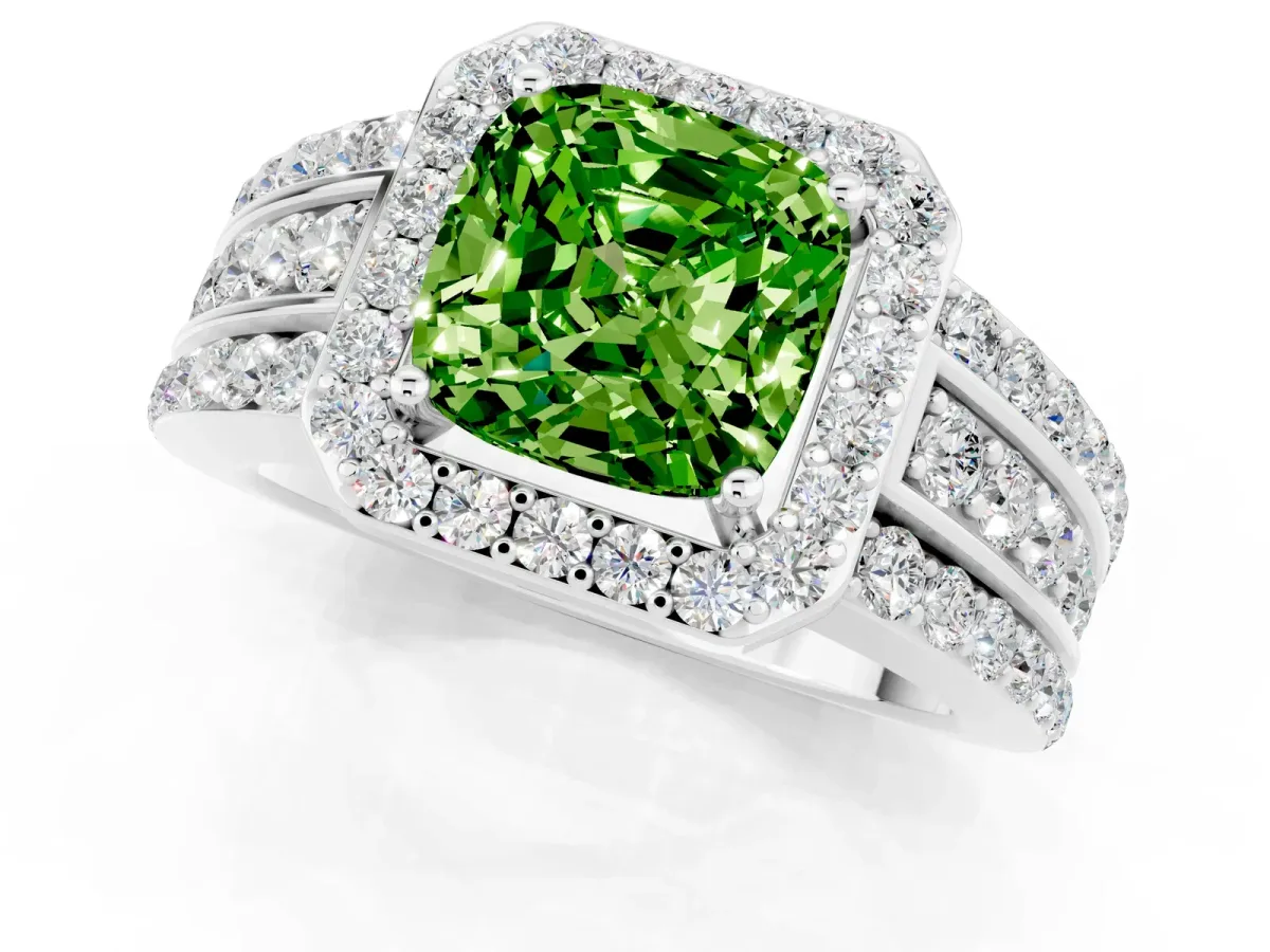 Cushion Cut Halo Peridot Ring with Round Split Shank and Prong Setting Platinum