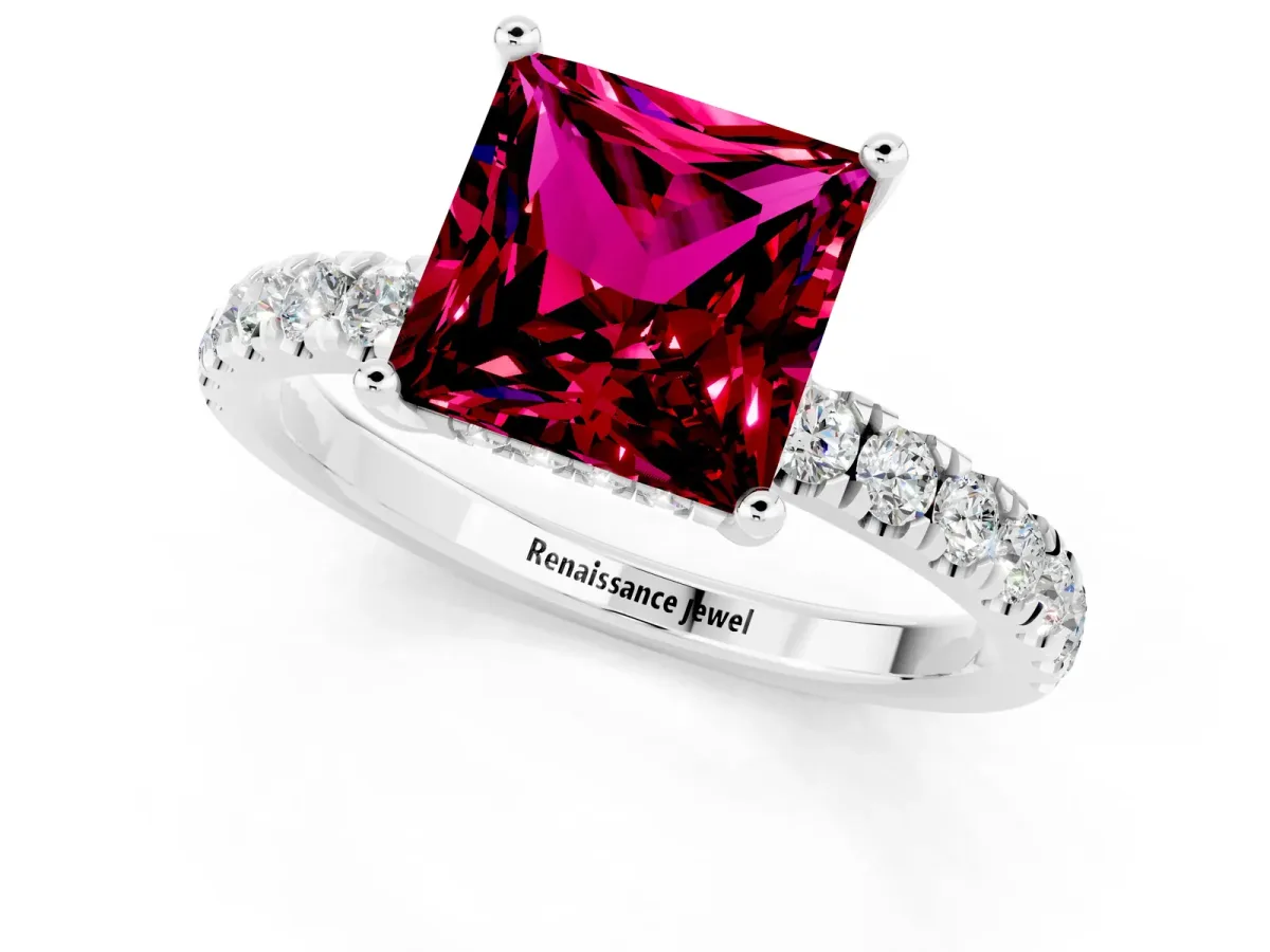 Princess Cut Garnet Pave Band Solitaire Ring with Round and Prong Setting Platinum