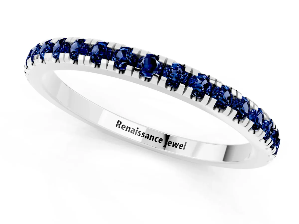 Pavé Round Blue Sapphire Half Eternity Band with Shared Prong Setting Silver