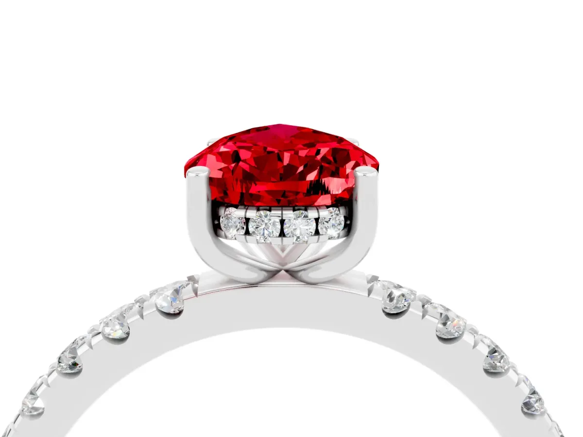 Pear Cut Ruby Pave Band Solitaire Ring with Round and Prong Setting White gold